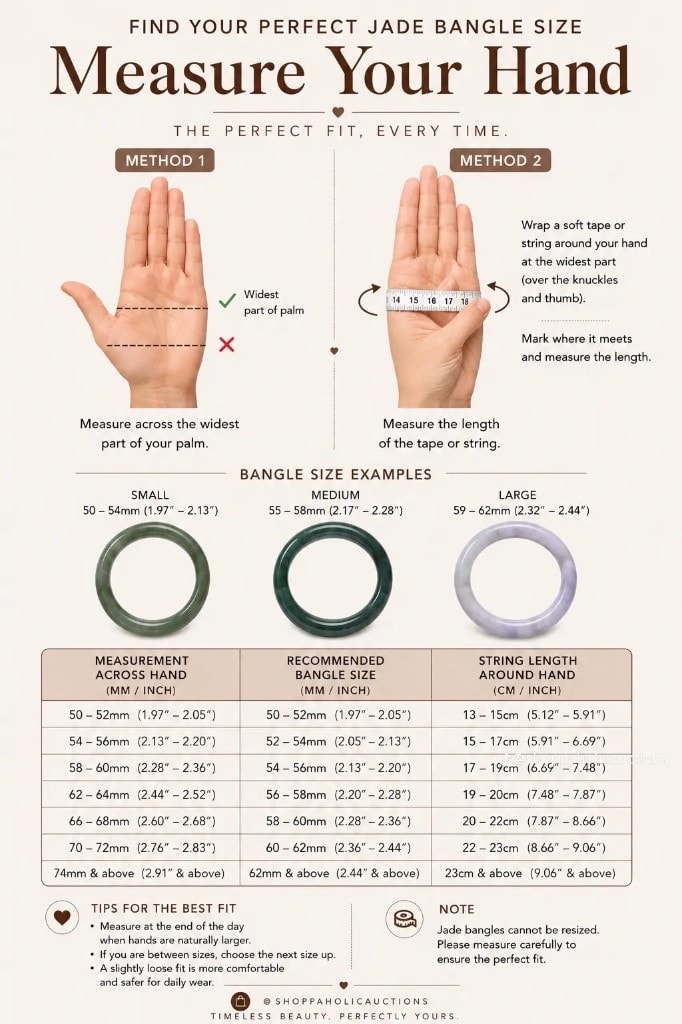 Jade bangle sizing guide showing two ways to measure your hand, Small Medium and Large ranges, and a table from palm width or string length to recommended inner diameter.